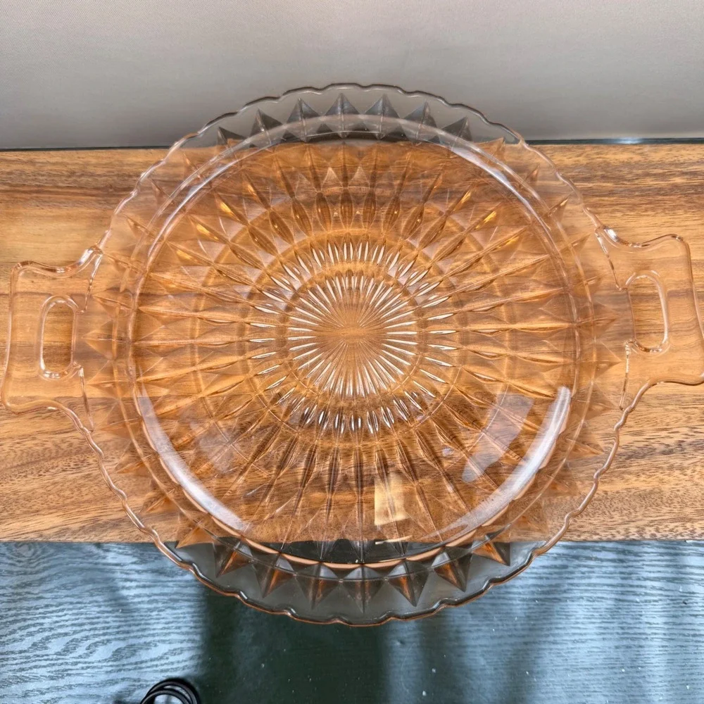 Jeanette Windsor Pattern Pink Depression Glass Cake Plate Handle Platter
